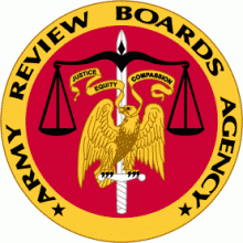 The logo for the Army Review Boards Agency. A golden eagle on a red seal with the scales of justice. A text ribbon reads "Justice, Equity, Compassion."