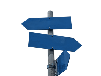 A signpost with three blue arrow-shaped signs pointing in different directions.